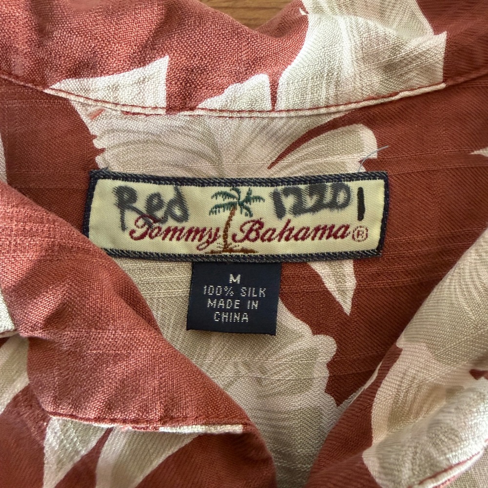 Vintage Tommy Bahama Red Mens Silk Tropical Floral Camp Shirt Rust Orange Medium - Picture 5 of 6